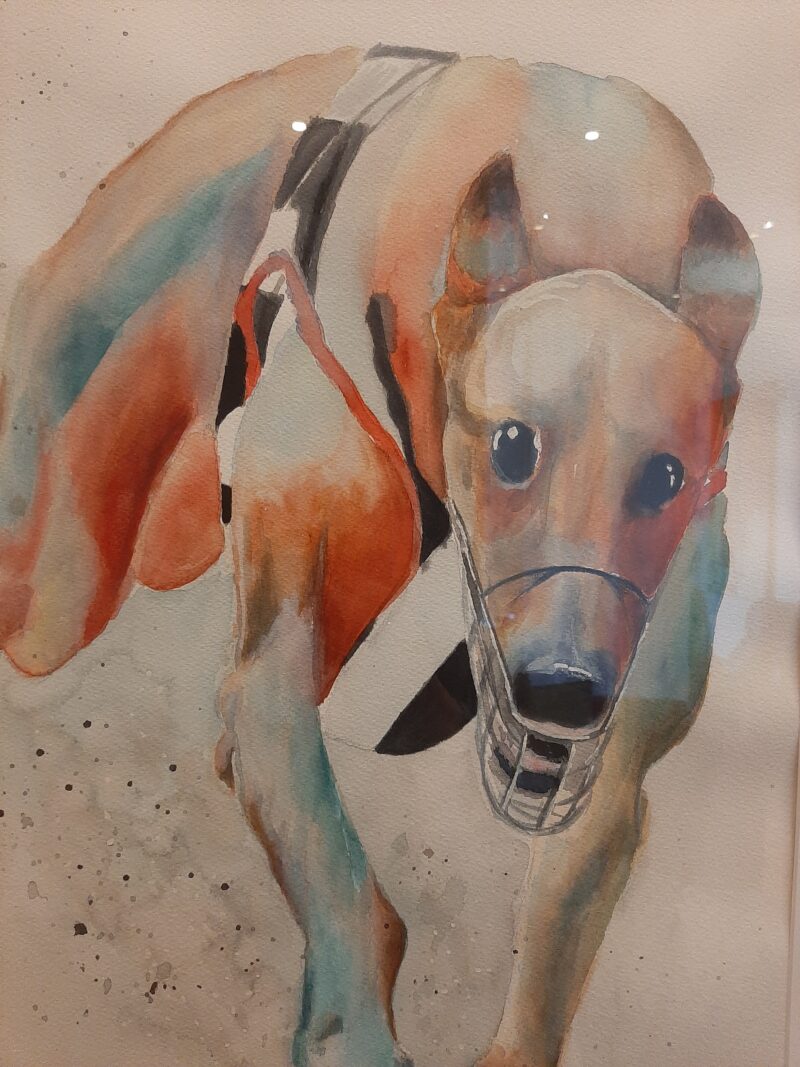 Målning på greyhound, inramad och upphängd, inzoomad.