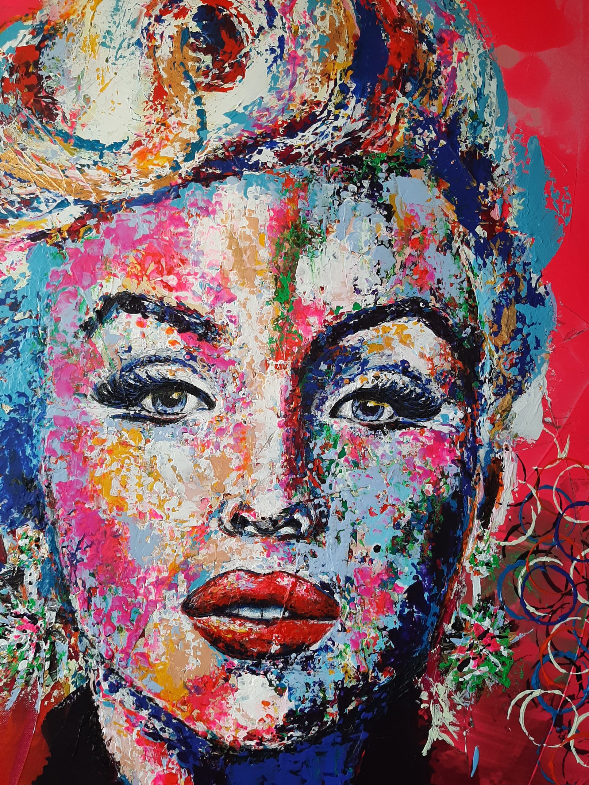 Målning på Marilyn Monroe, uppsatt hår. Canvas tavla.